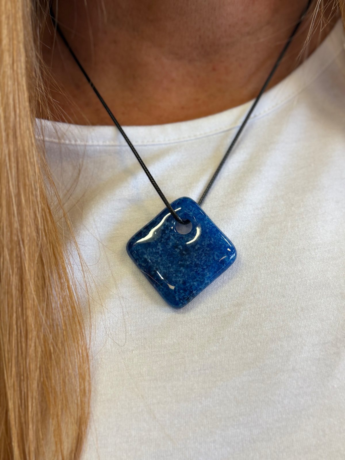 Glossy blue square fused glass pendant